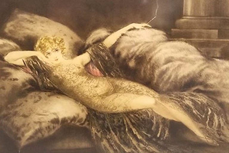 "Golden Veil" by Louis Icart features a young, 1930s woman reclined on a bed of cushions and furs.